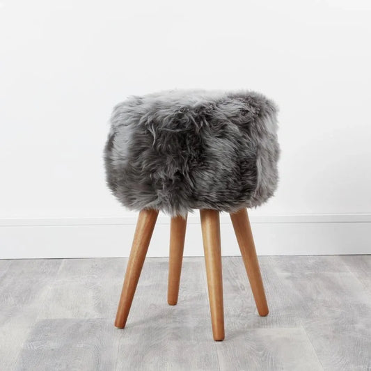 Grey Sheepskin Wood Stool